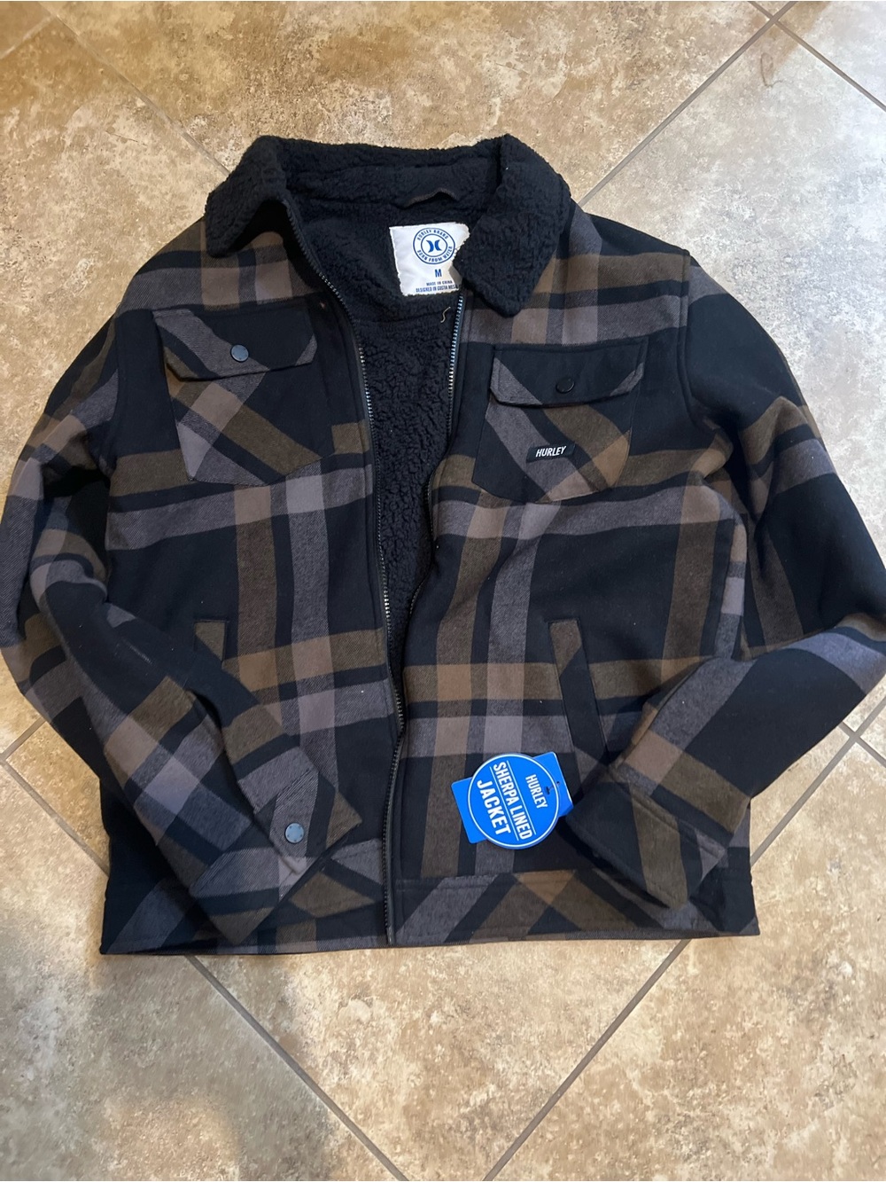 Hurley Black & Brown Plaid Sherpa-Lined Performance Jacket